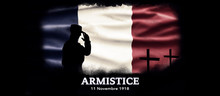 France National Holiday. French Flag background with soldier and national colors. Armistice.