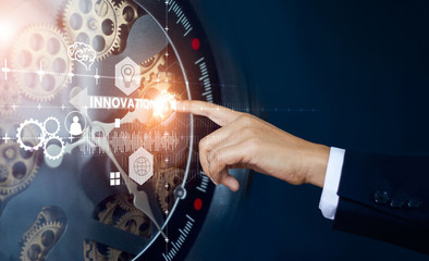 Poster - Businessman touching cog watch of innovation and technologies in futuristic, Abstract symbol, Time on creativity and development of modern business.