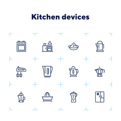 Sticker - Kitchen devices line icon set. Set of line icons on white background. Kettle, tea pot, mixer. Cooking concept. Vector illustration can be used for topics like home, food, cooking