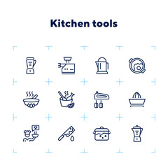 Poster - Kitchen tools line icon set. Set of line icons on white background. Knife, juicer, frying pan. Cooking concept. Vector illustration can be used for topics like kitchen, cooking, food, household