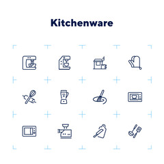 Poster - Kitchenware line icon set. Set of line icons on white background. Mixer, oven, knife. Cooking concept. Vector illustration can be used for topics like home, food, cooking