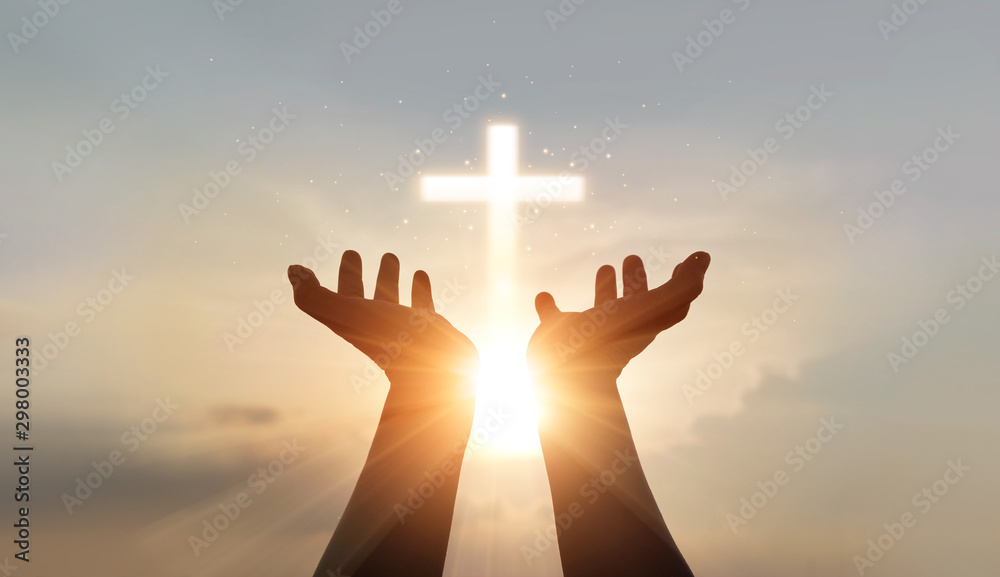 Man hands palm up praying and worship of cross, eucharist therapy bless god helping, hope and faith, christian religion concept on sunset background. - obrazy, fototapety, plakaty 