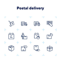 Wall Mural - Postal delivery line icon set. Set of line icons on white background. Delivery concept. Parcel, package, post office. Vector illustration can be used for topics like shipping, transporting, delivery