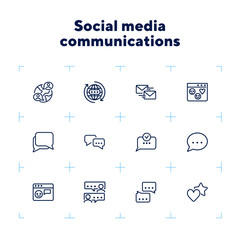 Canvas Print - Social media communications line icon set. Set of line icons on white background. Chatting, message, typing. Internet concept. Vector illustration can be used for topics like web, communication