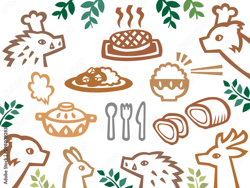 森のレストラン 動物達と料理の切り絵風イラストセット エキゾチック 線画 Wall Mural Nora Hachio
