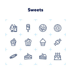 Sticker - Sweets line icon set. Set of line icons on white background. Confectionery concept. Ice-cream, pie, cake, caramel. Vector illustration can be used for topics like confectionery, sweet, cafe