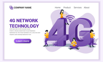 Poster - 4G network technology concept. Internet systems telecommunication service. People sitting and standing on the big 4G symbol using high speed wireless connection 4G. Flat vector illustration