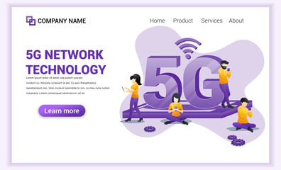 Poster - 5G network technology concept. Internet systems telecommunication service. Characters using High speed wireless connection 5G. Flat vector illustration