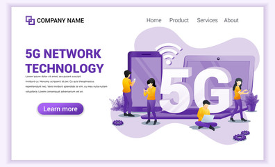 Poster - 5G network technology concept. Internet systems telecommunication service. Characters using High speed wireless connection 5G. Flat vector illustration