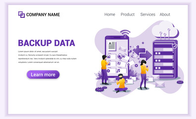 Poster - Modern flat design concept of Backup data, Copying files or files transfer process on mobile phone with characters. Can use for web banner, landing page, infographic, website. Flat vector illustration