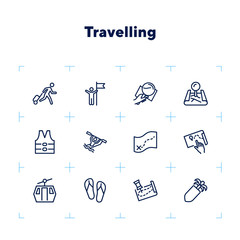 Sticker - Travelling line icon set. Set of line icons on white background. Map, lens, route, hiking. Tourism concept. Vector illustration can be used for topics like active lifestyle, swimming