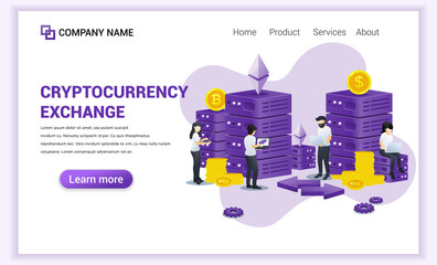 Poster - Cryptocurrency Exchange concept with people working on laptop and server for exchange of Bitcoin and digital currencies. Can used for Web banner, landing page, web template. Flat vector illustration