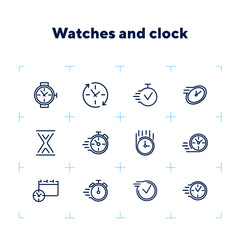 Poster - Watches and clock line icon set. Set of line icons on white background. Time concept. Vector illustration can be used for topics like sport, management