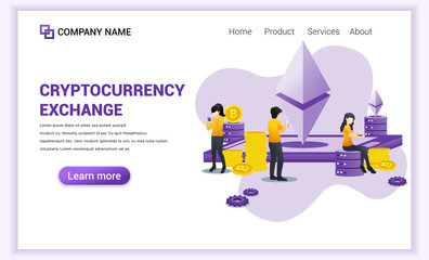 Poster - Cryptocurrency Exchange concept with people using on Mobile phone for exchange of Bitcoin and digital currencies. Can used for Web banner, landing page, web template. Modern flat vector illustration