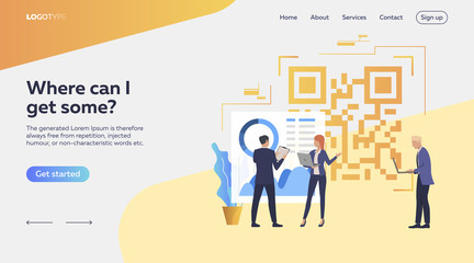 Poster - Man and woman analyzing infographics. Devices, diagrams, barcode. Business concept. Vector illustration for webpage, presentation, poster