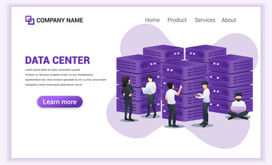 Poster - Modern Flat design concept of Data Center Services with characters using laptop managing data in front servers. Can use for web banner, landing page, website template. Flat vector illustration