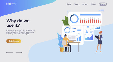 Poster - Workers studying infographics. Devices, diagrams, profiles. Business concept. Vector illustration for webpage, presentation, poster