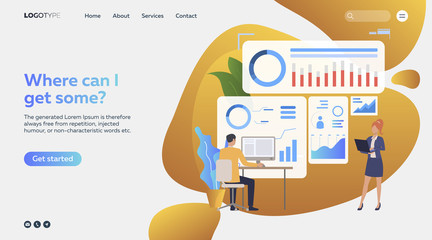 Poster - Man and woman studying diagrams. Devices, diagrams, profiles. Business concept. Vector illustration for webpage, presentation, poster