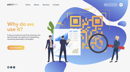 Poster - Men and woman studying barcode. Devices, diagrams, magnifying glass. Business concept. Vector illustration for webpage, presentation, poster
