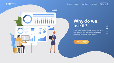 Poster - Woman and man examining diagrams. Devices, diagrams, profiles. Business concept. Vector illustration for webpage, presentation, poster