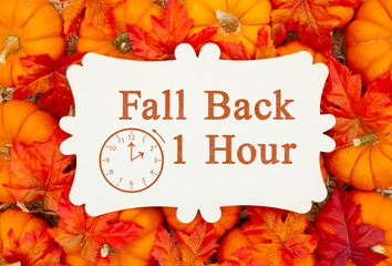 Wall Mural - Fall Back 1 hour time change message on a metal sign on pumpkins