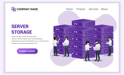 Poster - Server management concept. Data center, Server storage. People working on laptop managing data and files in server. Can use for web banner, landing page, web design template. Flat vector illustration