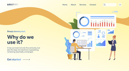 Poster - Man and woman working with graphs. Devices, diagrams, charts. Business concept. Vector illustration for webpage, presentation, poster