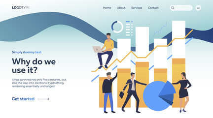 Poster - Men and woman working with charts. Devices, diagrams, charts. Business concept. Vector illustration for webpage, presentation, poster