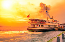  Muslim Architecture And Water Transport In Turkey - Beautiful View Touristic Landmarks From Sea Voyage On Bosphorus. Cityscape Of Istanbul At Sunset - Old Mosque And Turkish Steamboats, View On Golde