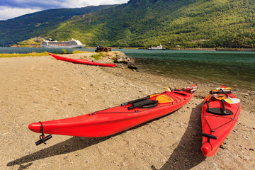 Sticker - Kayaks and cruise ship in Flam, Norway