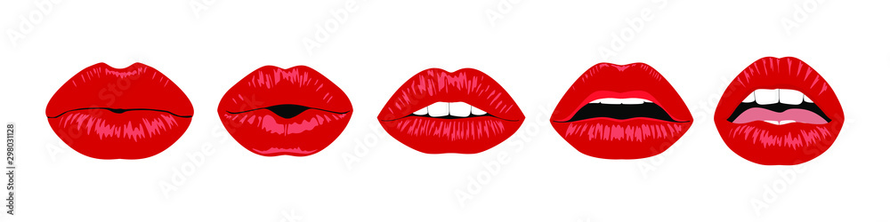 Set of Red sexy female lips - obrazy, fototapety, plakaty 