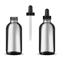 Wall Mural - Open and closed dark clear thick glass bottle with screw dropper cap isolated on white background, realistic mockup illustration. Cosmetic or medical product container, vector mock-up