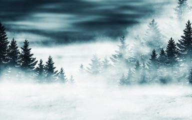 Dark winter forest background at night. Snow, fog, moonlight. Neon figure in the center