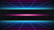 Synthwave background. 80s Retro style. Dark Futuristic 3d backdrop with blue Perspective Grids and red scary glowing in distance. Geometric sci-fi digital template. Stock vector illustration