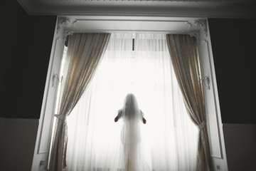 Beautiful luxury bride in elegant white dress