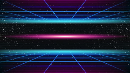 Wall Mural - synthwave background. 80s retro style. dark futuristic 3d backdrop with blue perspective grids and r