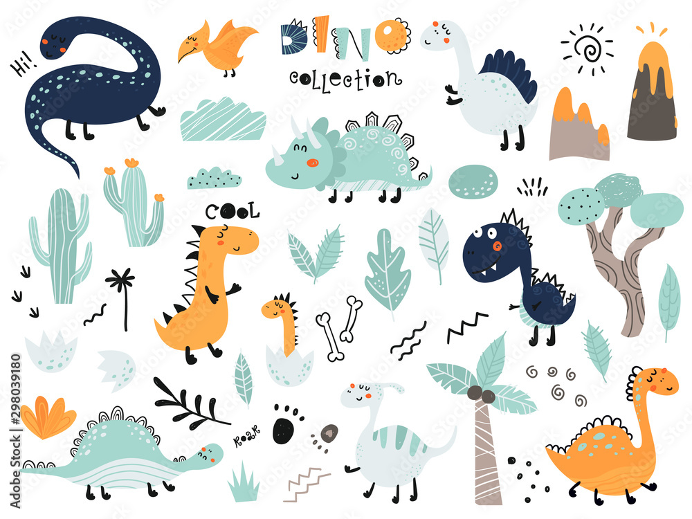 Set of cute dinosauts, foliage, volcano, cactus - obrazy, fototapety, plakaty 