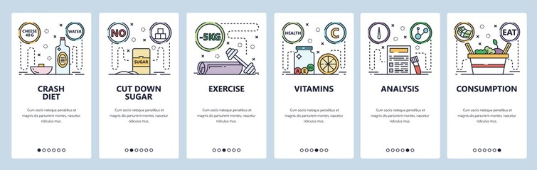 Wall Mural - Mobile app onboarding screens. Healthy lifestyle, exercise, vitamins, crash diet, vitamins. Menu vector banner template for website and mobile development. Web site design flat illustration
