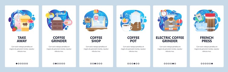 Wall Mural - Mobile app onboarding screens. Take away coffee cup, french press, coffee grinder. Menu vector banner template for website and mobile development. Web site design flat illustration