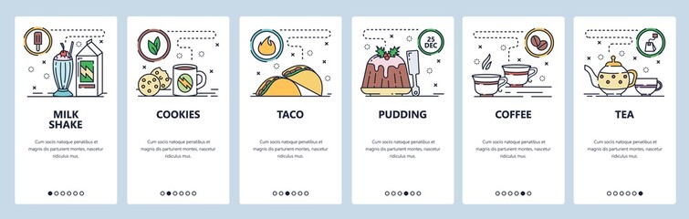 Wall Mural - Mobile app onboarding screens. Breakfast meal, milk shake, pudding, coffee and hot tea pot. Menu vector banner template for website and mobile development. Web site design flat illustration