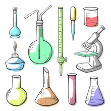 Laboratory Equipment, Glassware Hand Drawn Illustrations Set