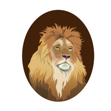 Lion Head Portrait In Oval Frame, Realistic Vector
