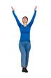Full length portrait of thankful young woman raising hands looking up praying for success isolated over white background.