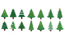 Set Of Christmas Trees Silhouette With Decorations, Vector Illustration Isolated On White Background, Template For Design, Greeting Card, Invitation.