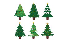 Set of christmas trees silhouette with decorations, vector illustration isolated on white background, template for design, greeting card, invitation.