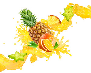 Wall Mural - Orange, pineapple fruit juices liquid 3D splash vitamin mix. Healthy fruits juice or smoothie splash label ad banner design with orange, pineapple fruits and citrus juice splash wave isolated on white