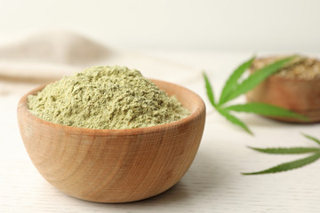 Bowl of hemp protein powder on white wooden table, closeup