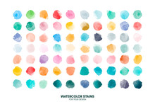 Set Of Colorful Watercolor Hand Painted Round Shapes, Stains, Circles, Blobs Isolated On White. Illustration For Artistic Design