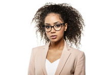 Businesswoman. African American Woman In Business Or Teacher On A White Background. Girl In A Strict Suit And Glasses.