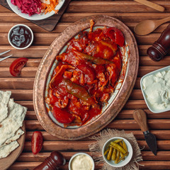 Canvas Print - iskender kebab on the table top view